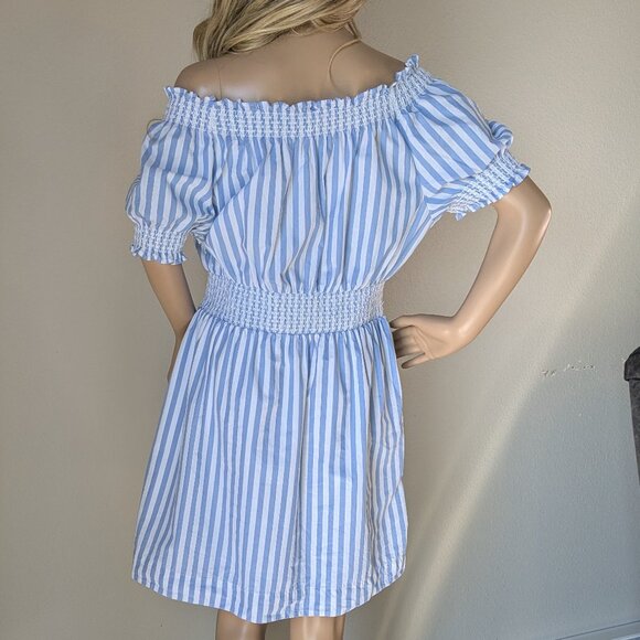 J Crew Mini Dress Women's Medium Blue White Stripe Off-Shoulder Smocked Poplin - Picture 6 of 14